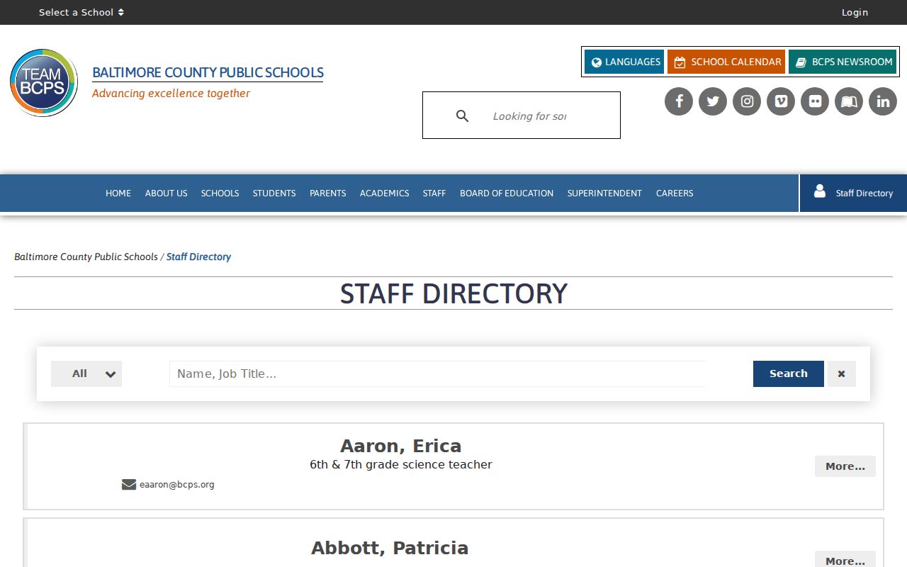 Woodlawn people directories school selector in the BCPS Staff Directory